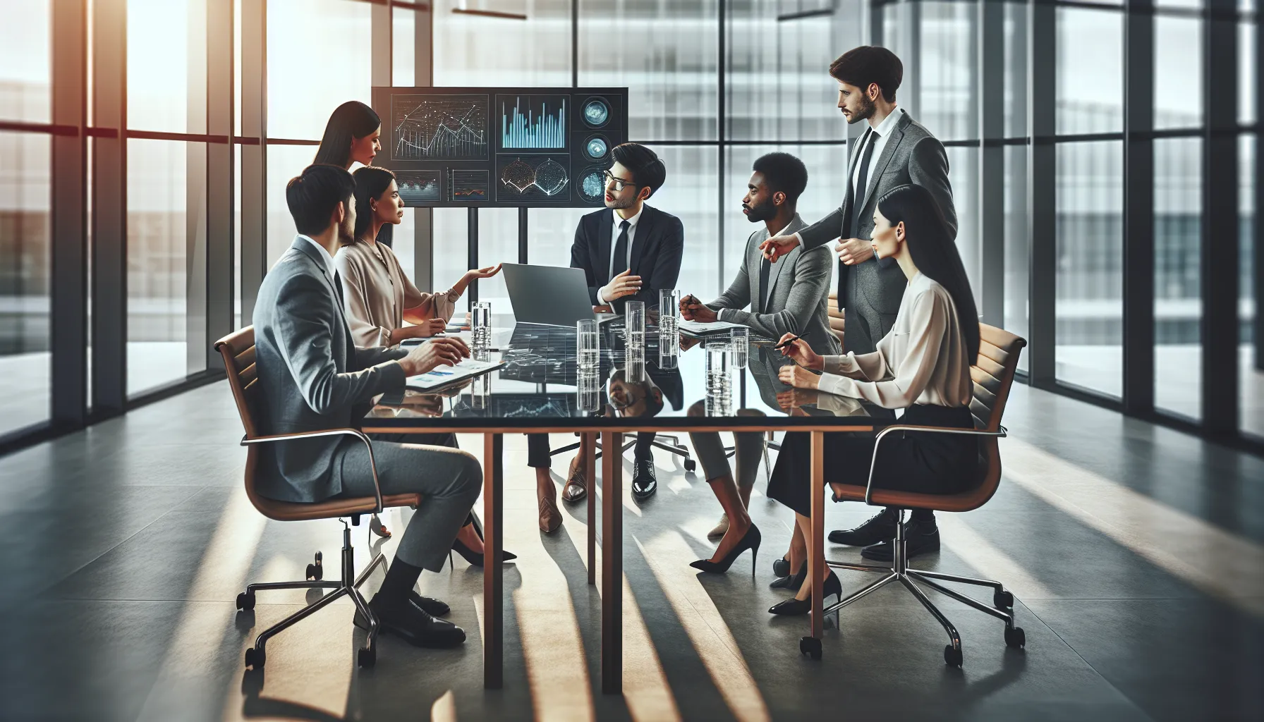 diverse team discussing data analytics in a modern office.